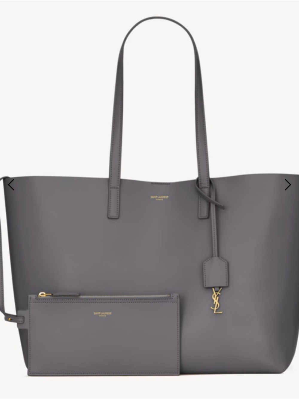 Saint Laurent Gray Leather Tote with Gold YSL Charm and Zip Pouch